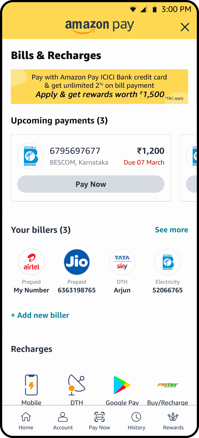 Amazon Pay bills and recharges home with upcoming payments and saved billers
