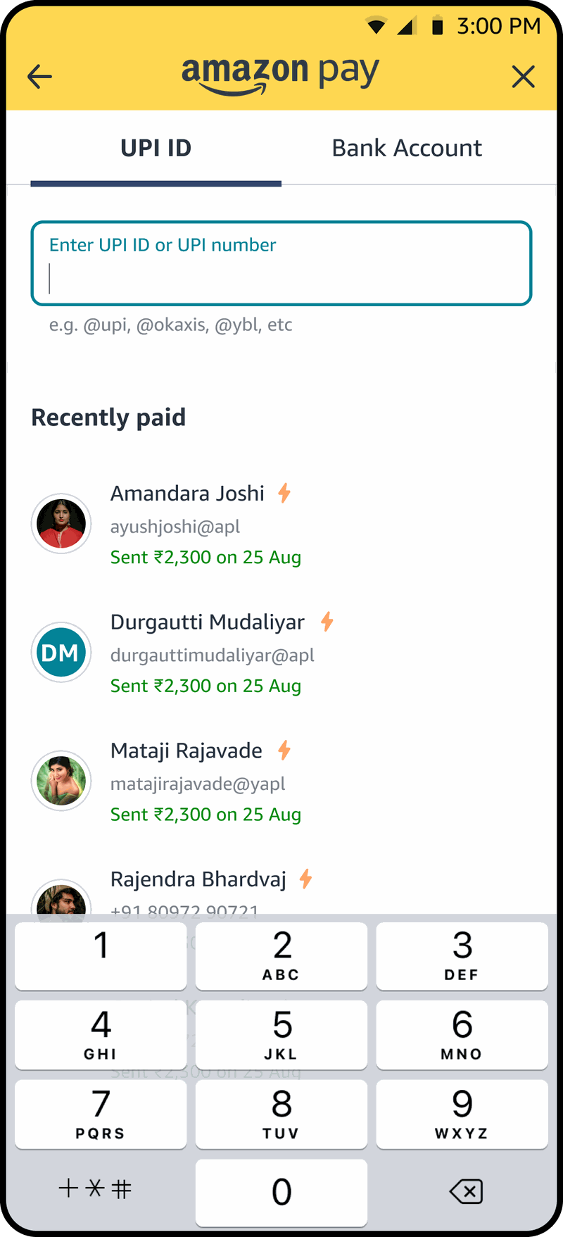 UPI ID entry showing recently paid contacts