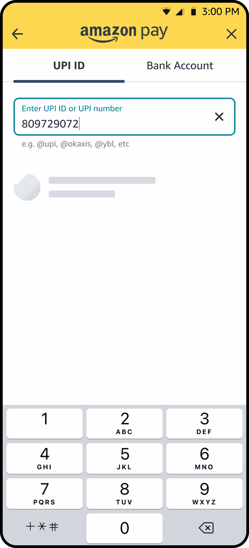 UPI number being typed with contact lookup in progress
