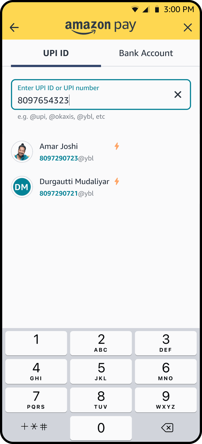UPI number matched to contacts Amar Joshi and Durgautti Mudaliyar