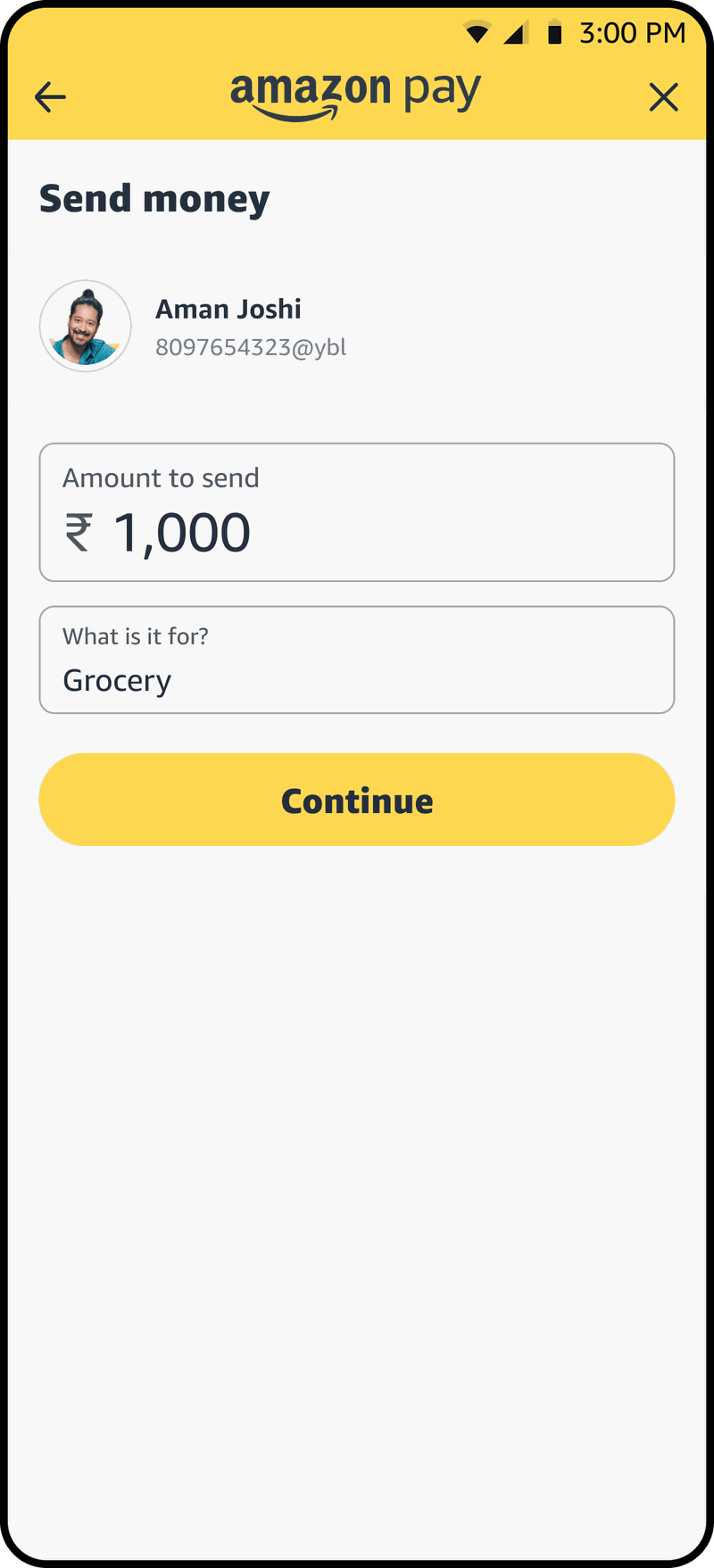Send money confirmation for one thousand rupees labelled Grocery