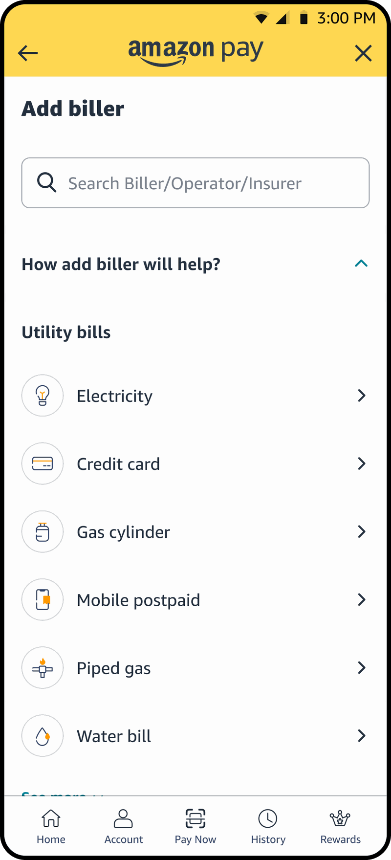 Add biller screen listing utility bill categories