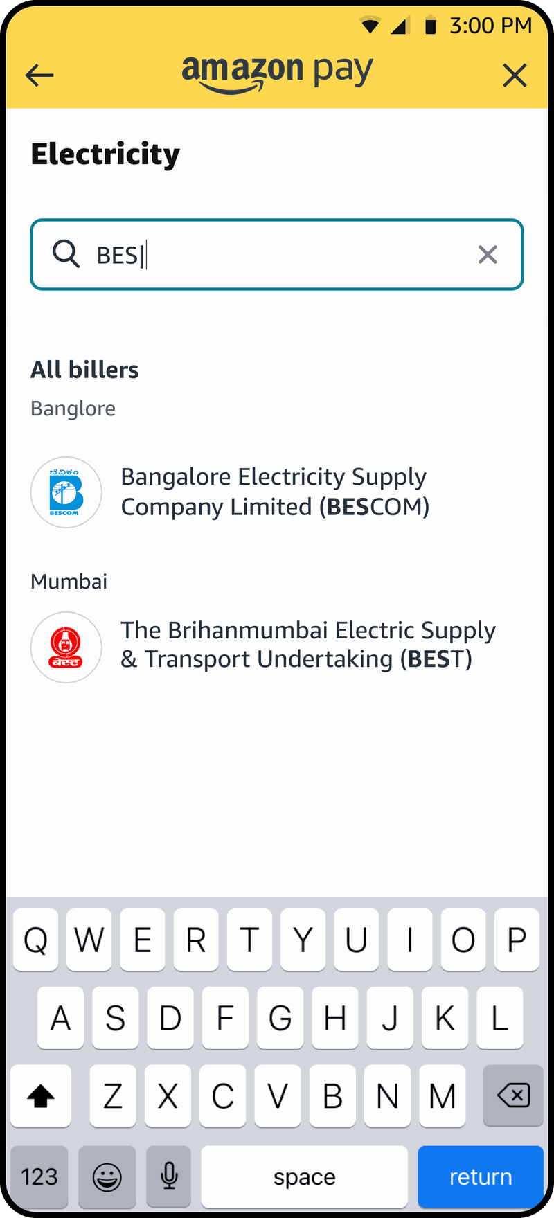 Electricity biller search results for BESCOM and BEST