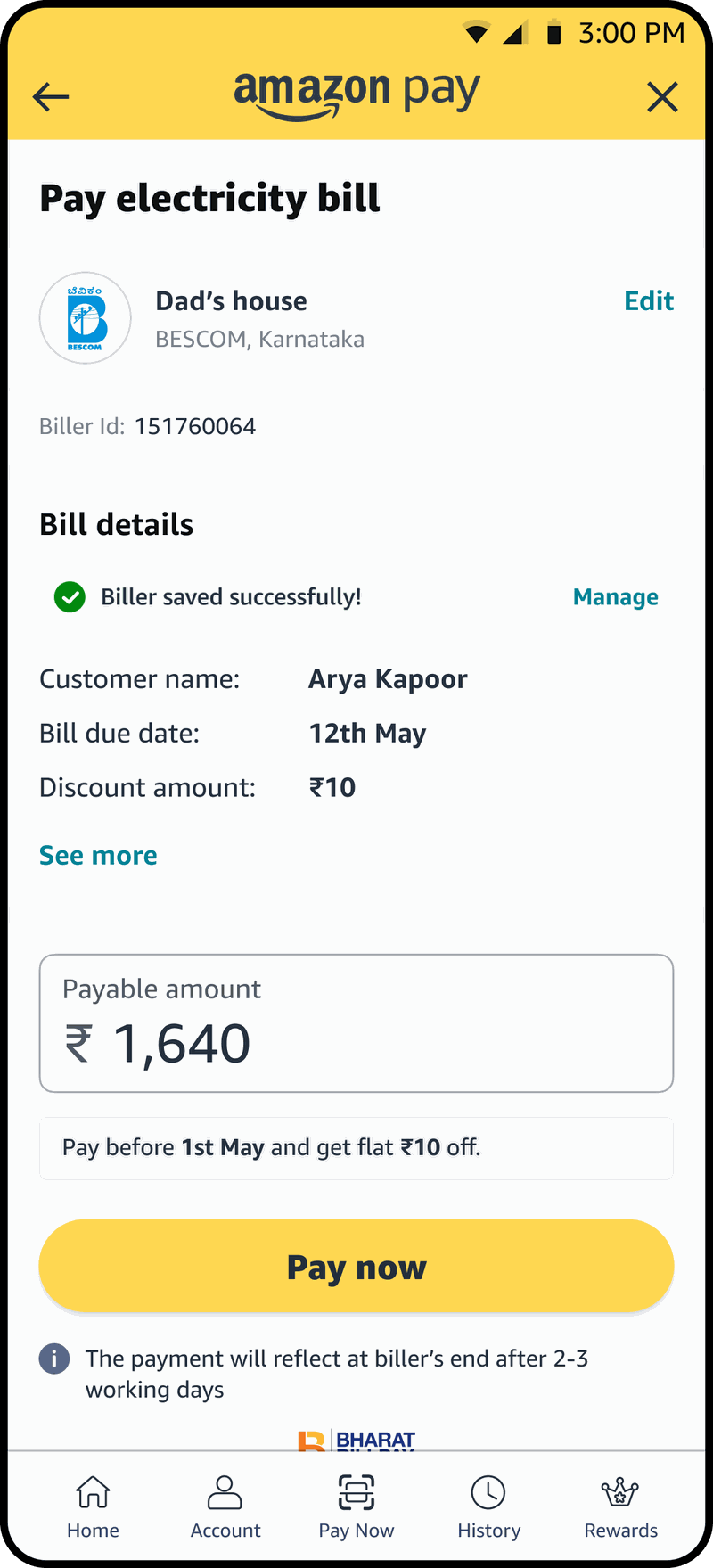 Pay electricity bill screen showing payable amount and early-payment discount