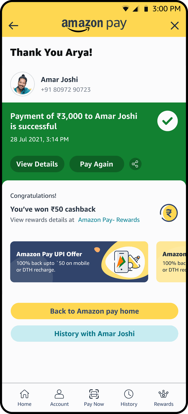 Payment successful screen with fifty rupees cashback earned