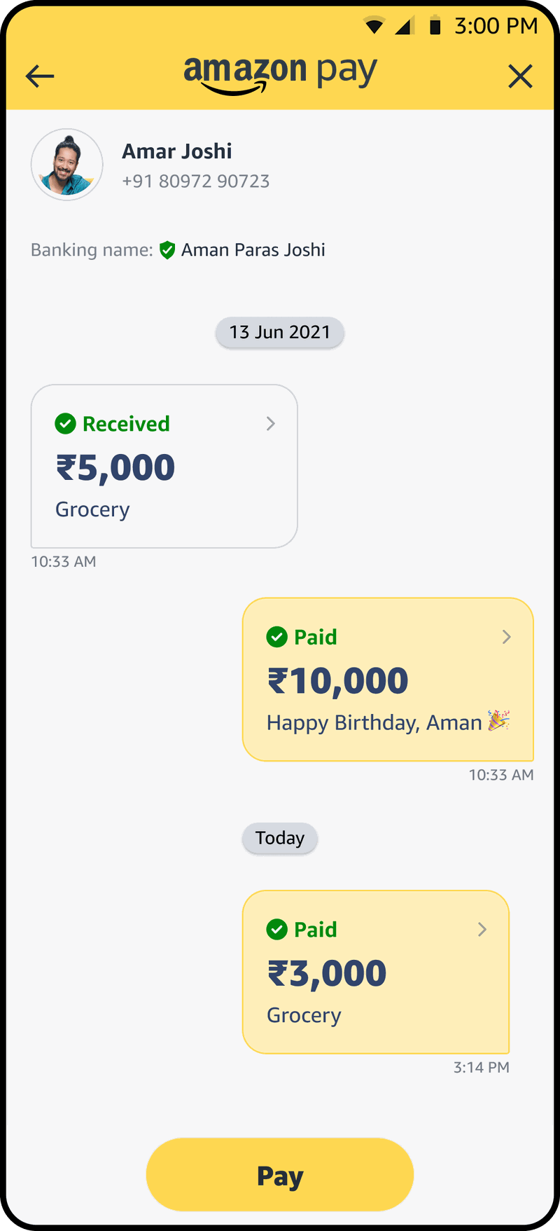 Conversational transaction history showing paid and received amounts as chat messages