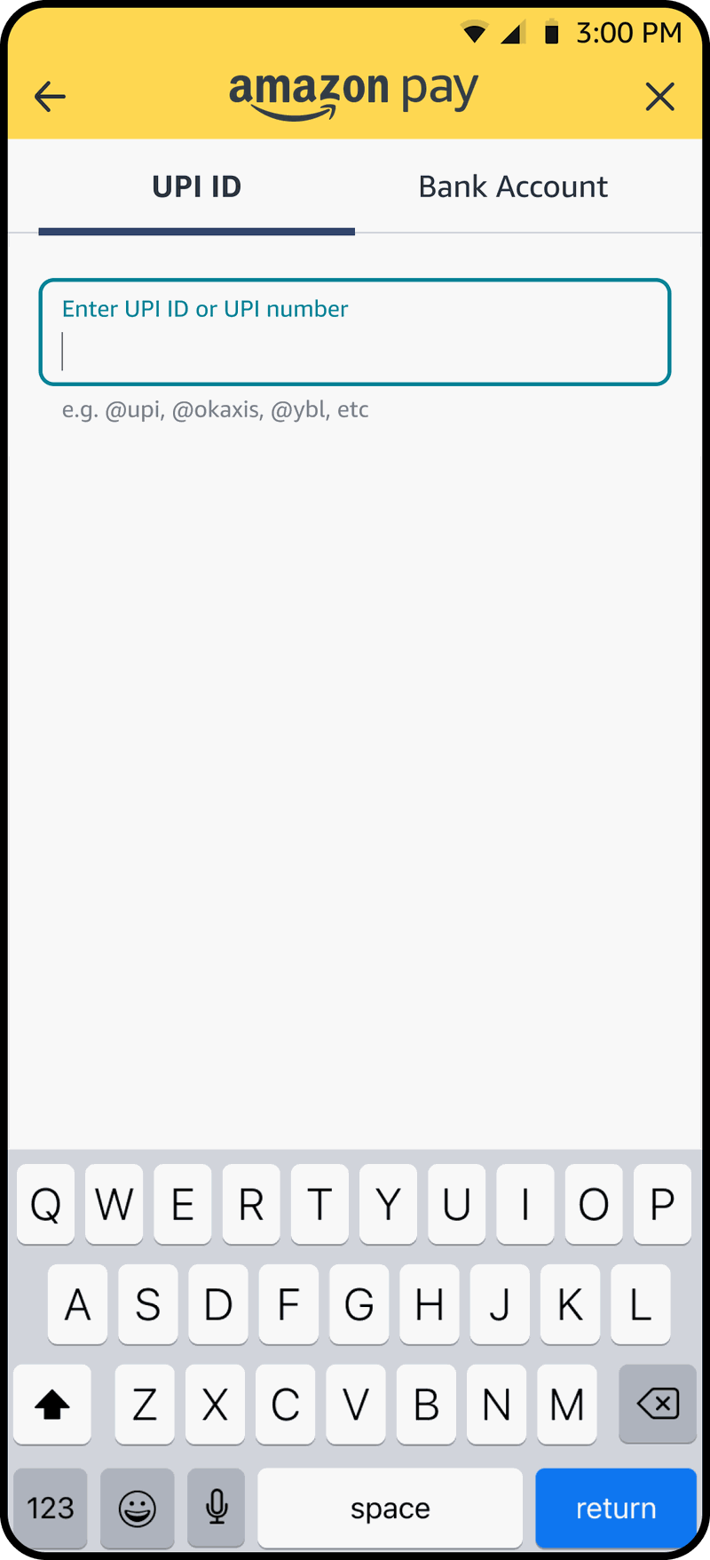 Send money screen with empty UPI ID field