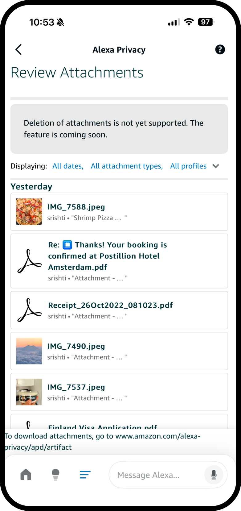 Earliest Review Attachments — deletion not yet supported, rendered in a webview