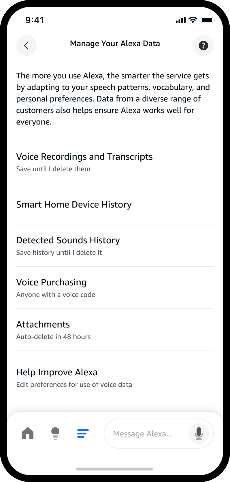 Manage Your Alexa Data — plain-language privacy settings showing each data type and its retention, including Attachments set to auto-delete in 48 hours