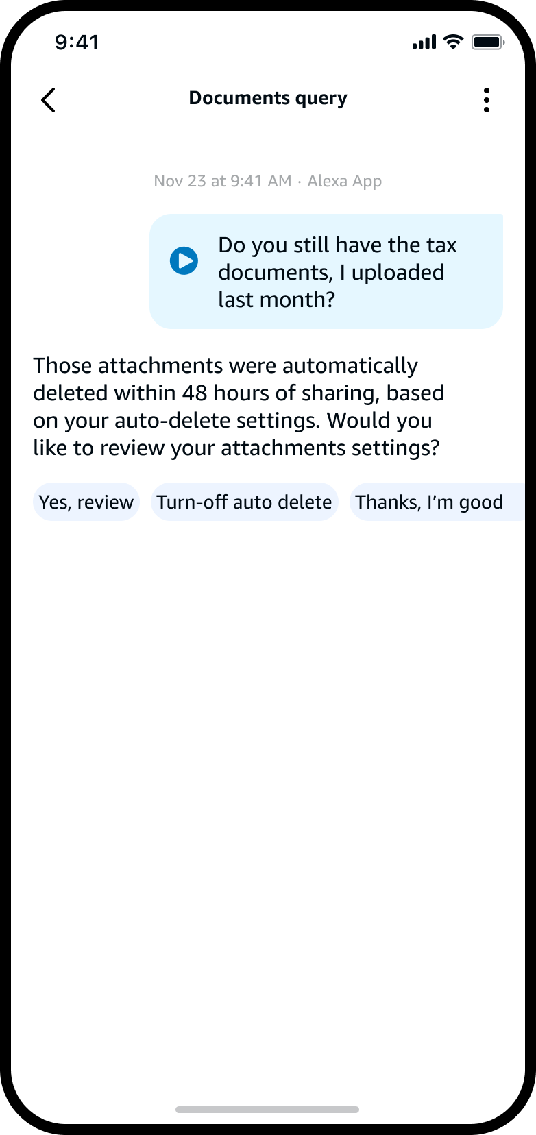Documents query transcript — Alexa tells the customer their attachments were auto-deleted within 48 hours, and offers to review attachment settings