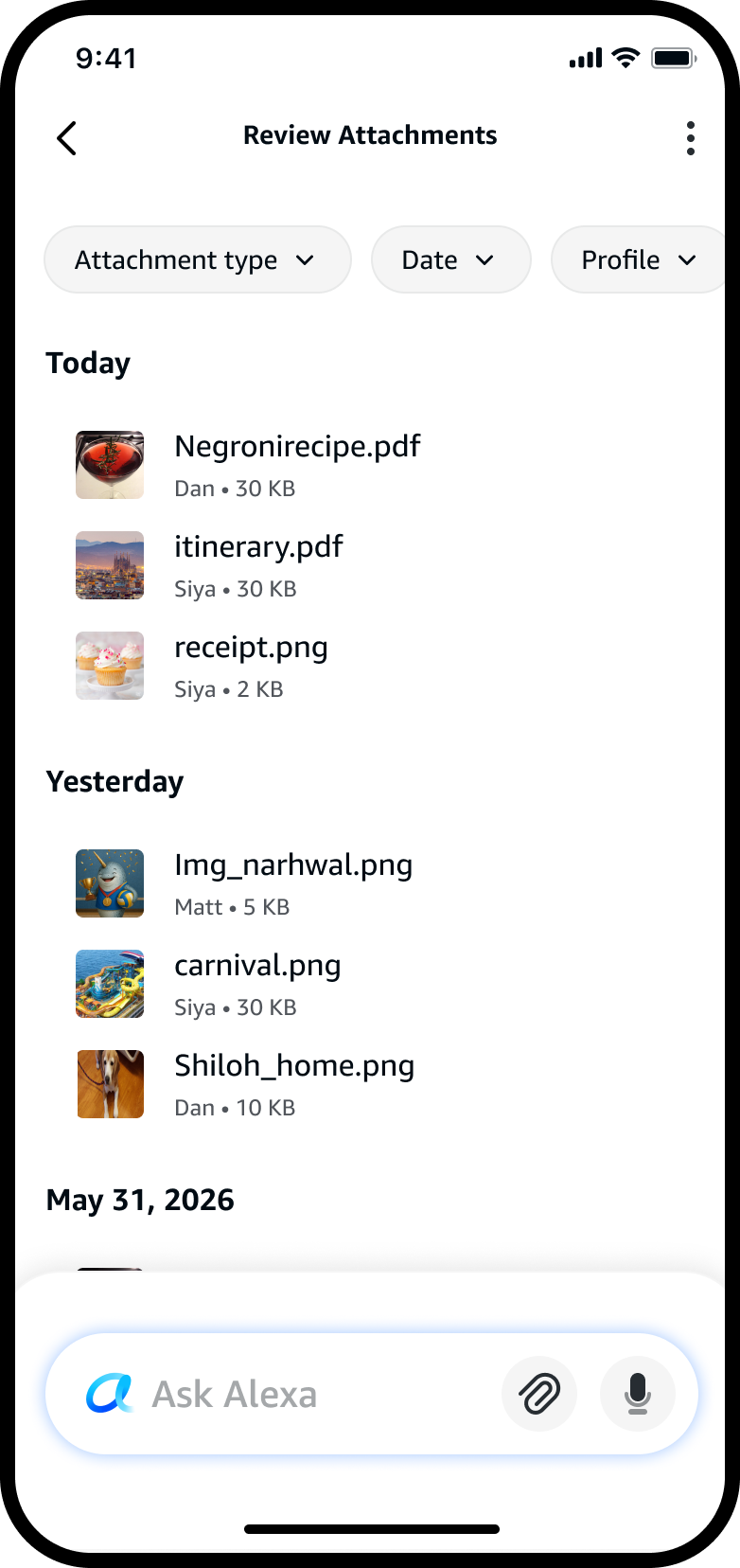 Review Attachments list grouped by Today, Yesterday and date, with filter chips.
