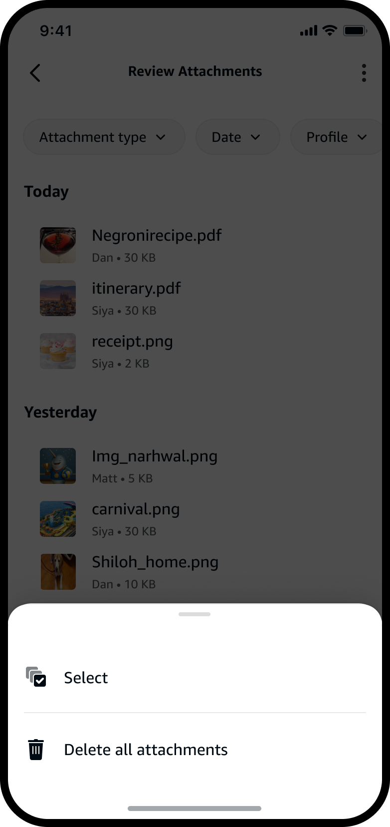 Overflow menu sheet with Select and Delete all attachments options.