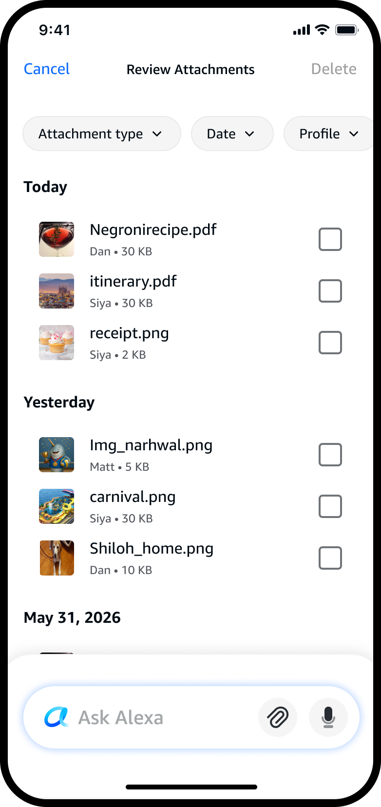 Selection mode with empty checkboxes on each file row; Cancel and a dimmed Delete in the header.