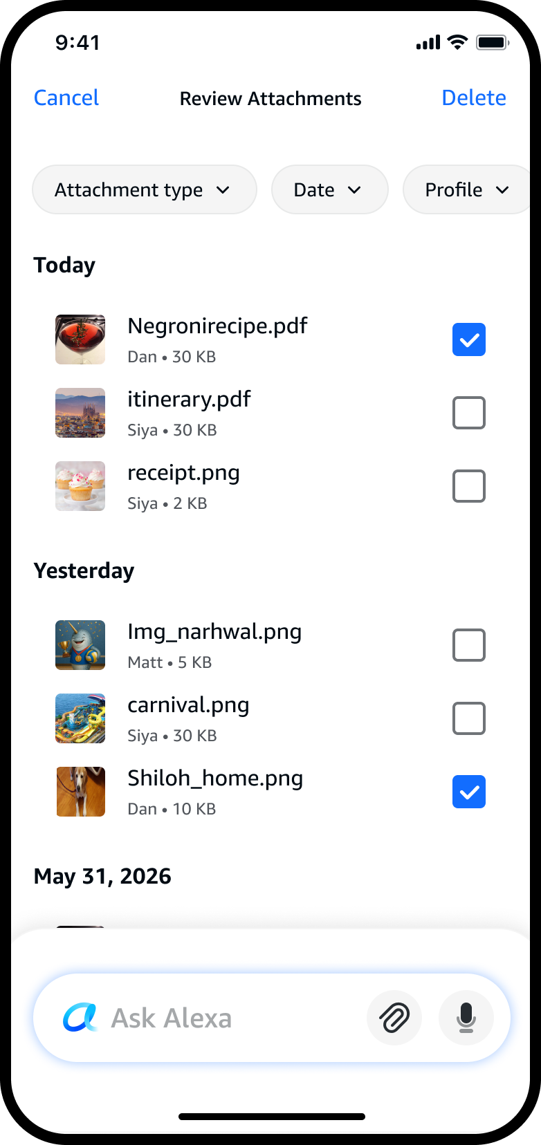 Two files checked; Delete now active in the header.