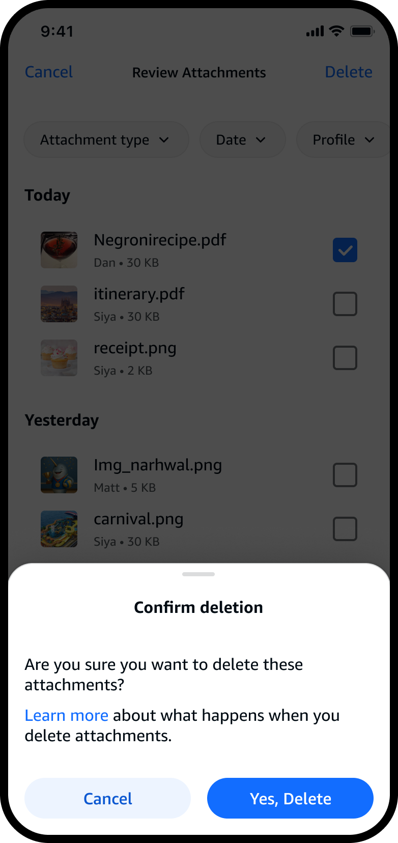 Confirm deletion sheet asking to delete the selected attachments, with Cancel and Yes, Delete.