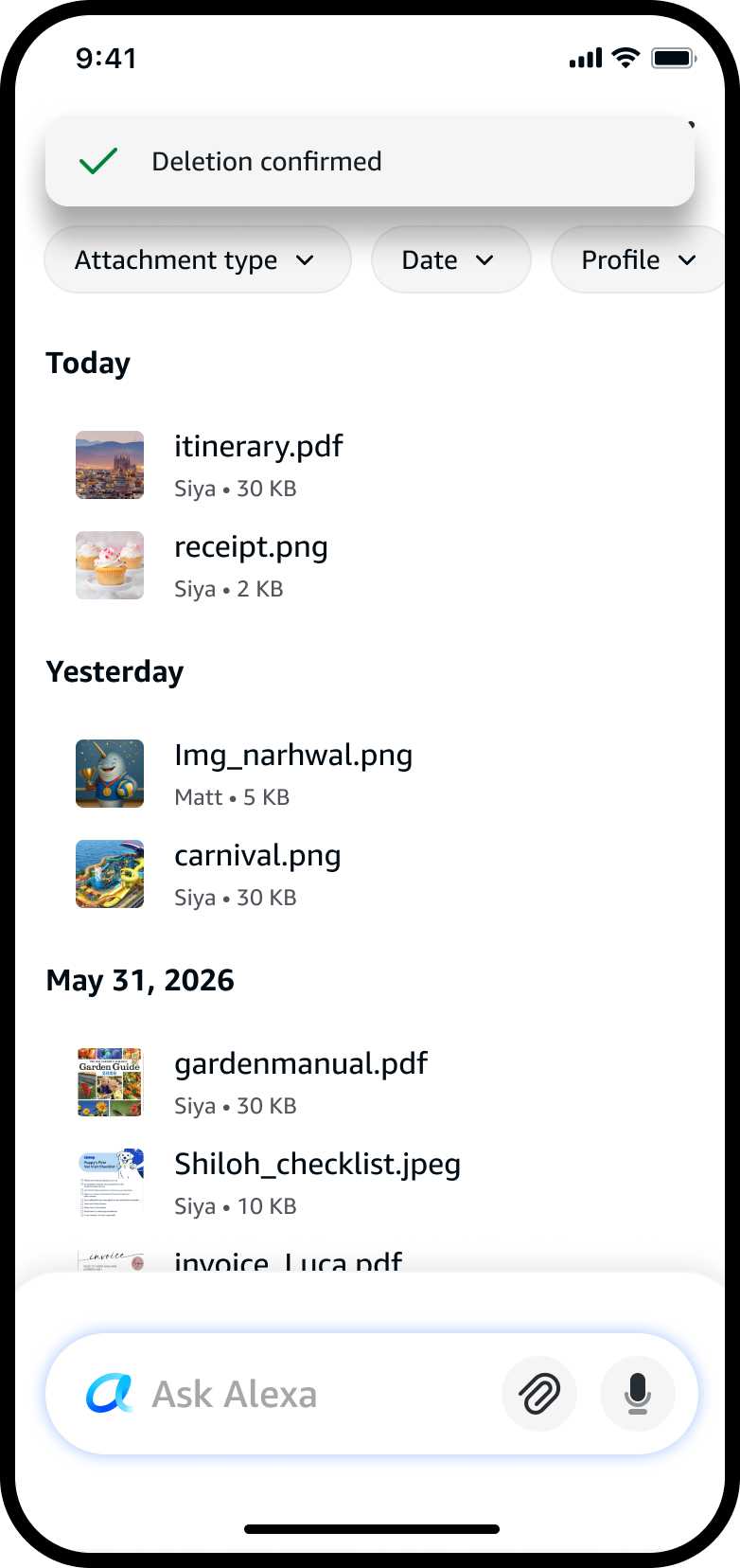 Deletion confirmed banner; the removed files are gone from the list.