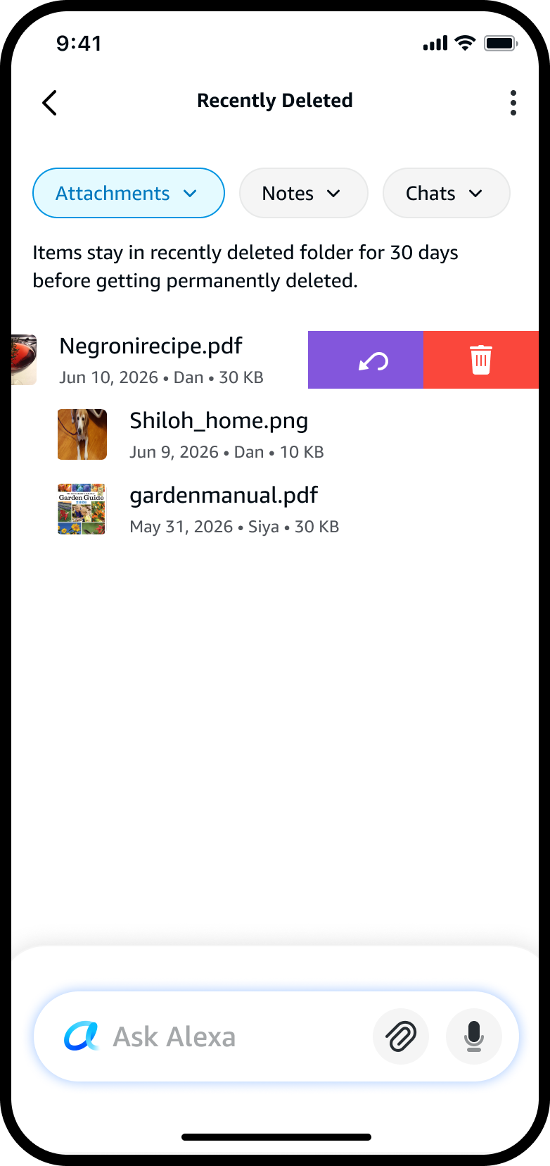 Recently Deleted folder with Attachments / Notes / Chats filters; items stay for 30 days before permanent deletion; a file row swiped open to reveal restore and delete-permanently actions.