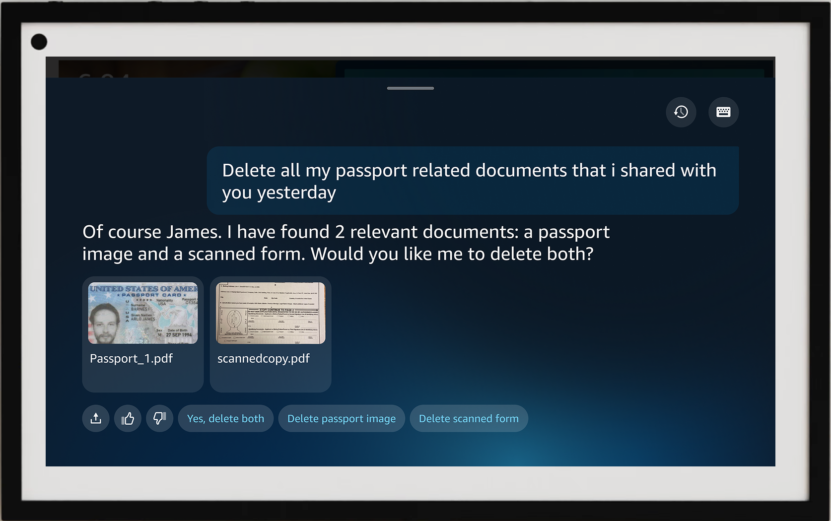Echo Show screen: ‘Delete all my passport related documents that I shared with you yesterday.’ Alexa found 2 relevant documents — a passport image and a scanned form — shown as thumbnails, asking whether to delete both, with Yes / Delete passport image / Delete scanned form options.