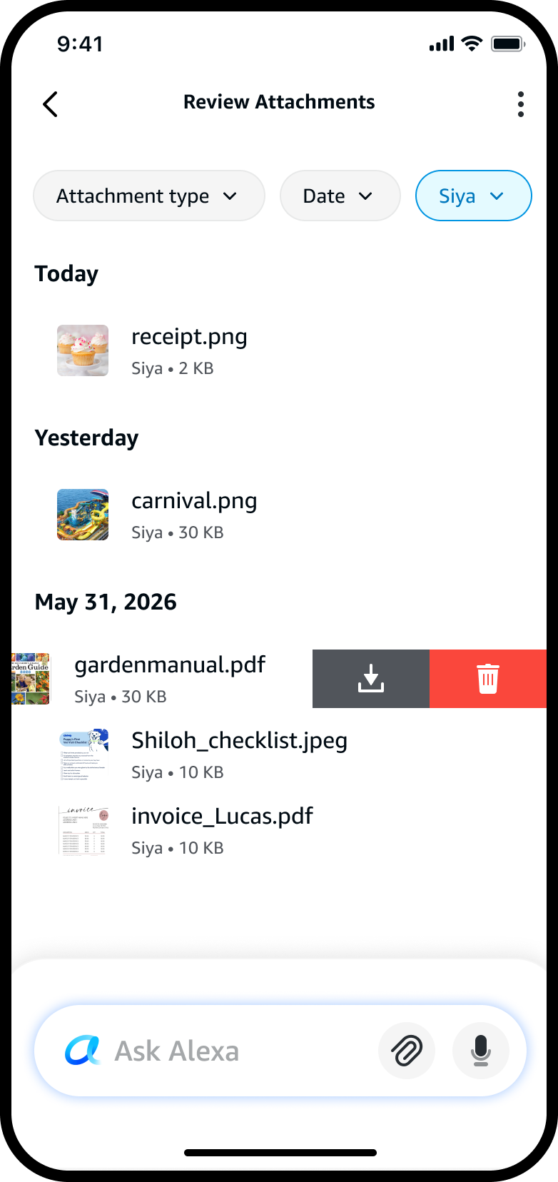 Review Attachments — swiping the old gardenmanual.pdf row reveals download and delete actions