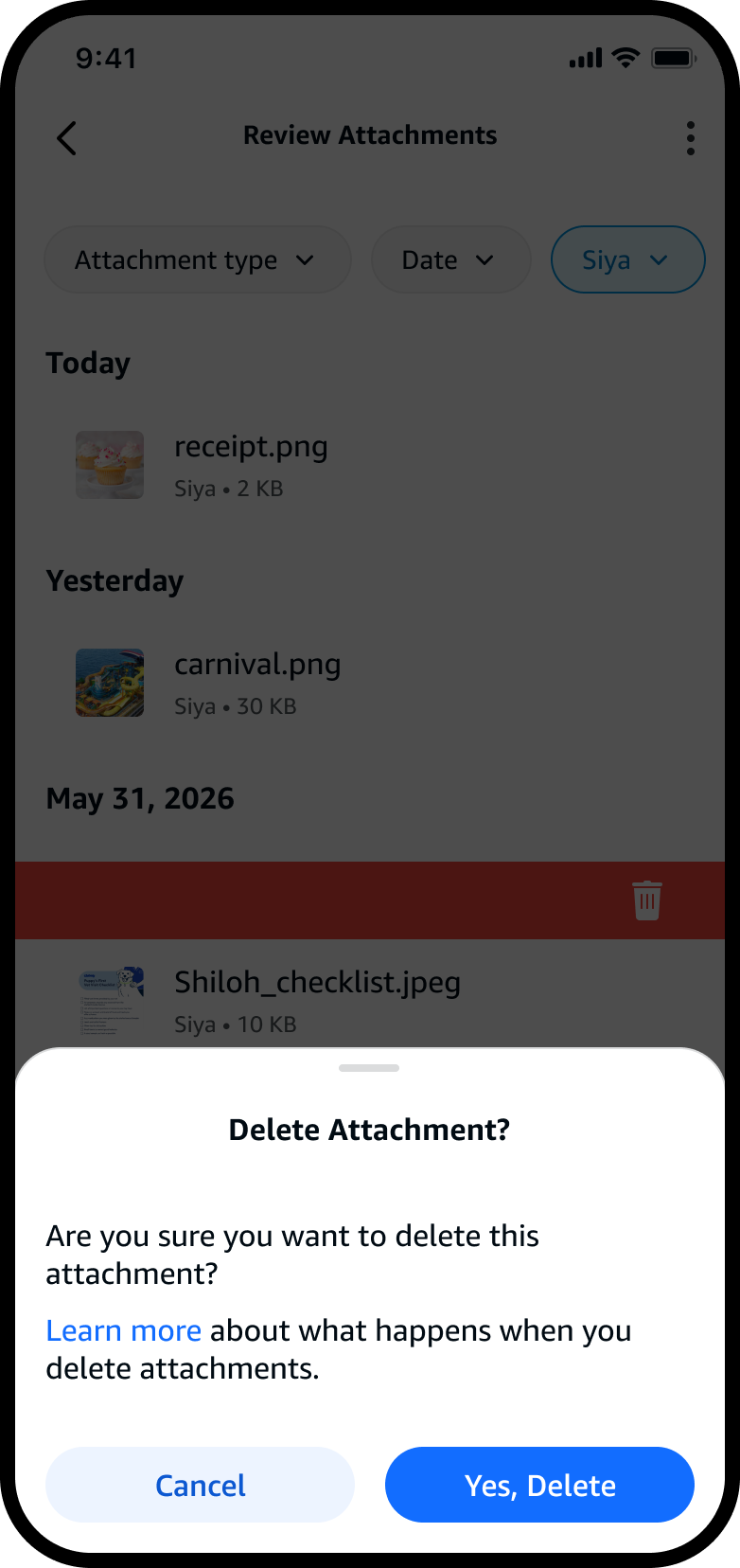 Delete Attachment confirmation sheet asking Siya to confirm, with a Learn more link and Cancel / Yes, Delete buttons