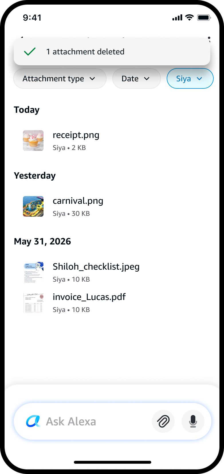 Review Attachments after deletion — a confirmation message reads 1 attachment deleted and the manual is gone from the list