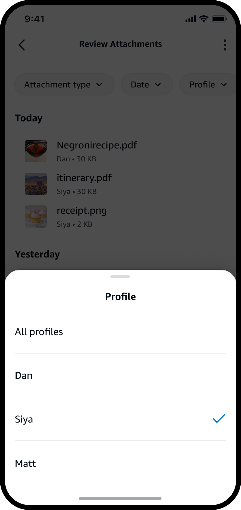 Profile filter bottom sheet — All profiles, Dan, Siya (checked), Matt; Siya selected