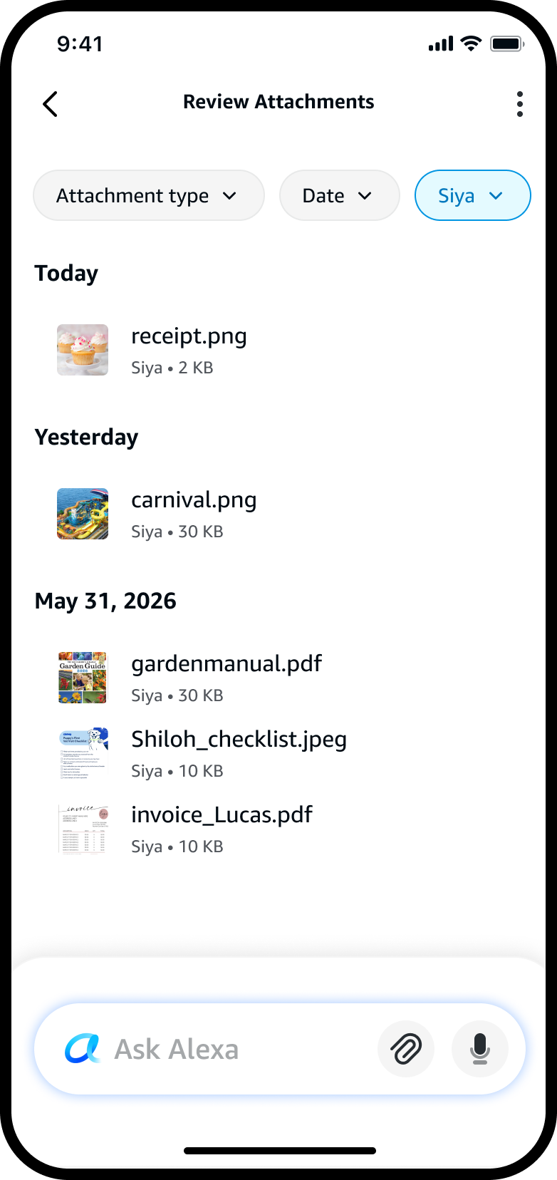 Review Attachments filtered to Siya, showing only her files including invoice_Lucas.pdf