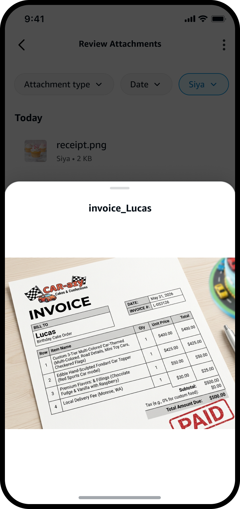 invoice_Lucas opened in a quick view, showing a paid cake-order invoice