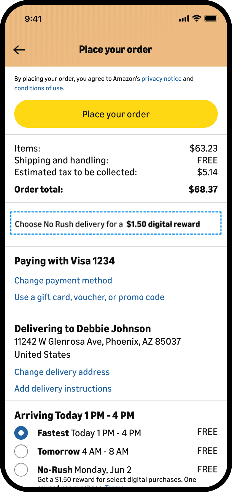 Checkout: No-Rush delivery option offering a $1.50 digital reward