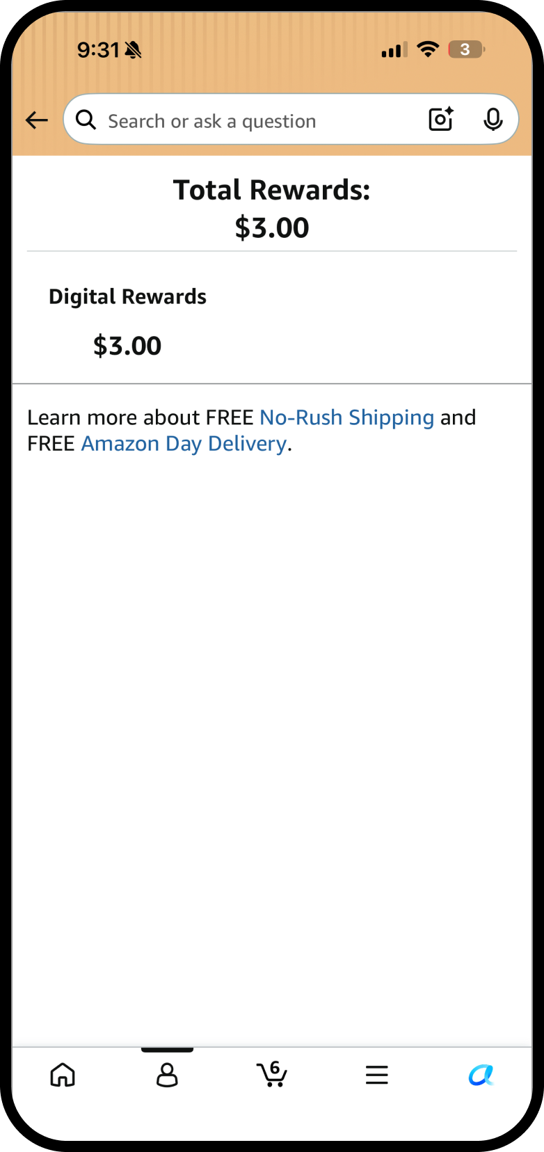 Me tab: Total Rewards balance of $3.00, with no context on how it was earned
