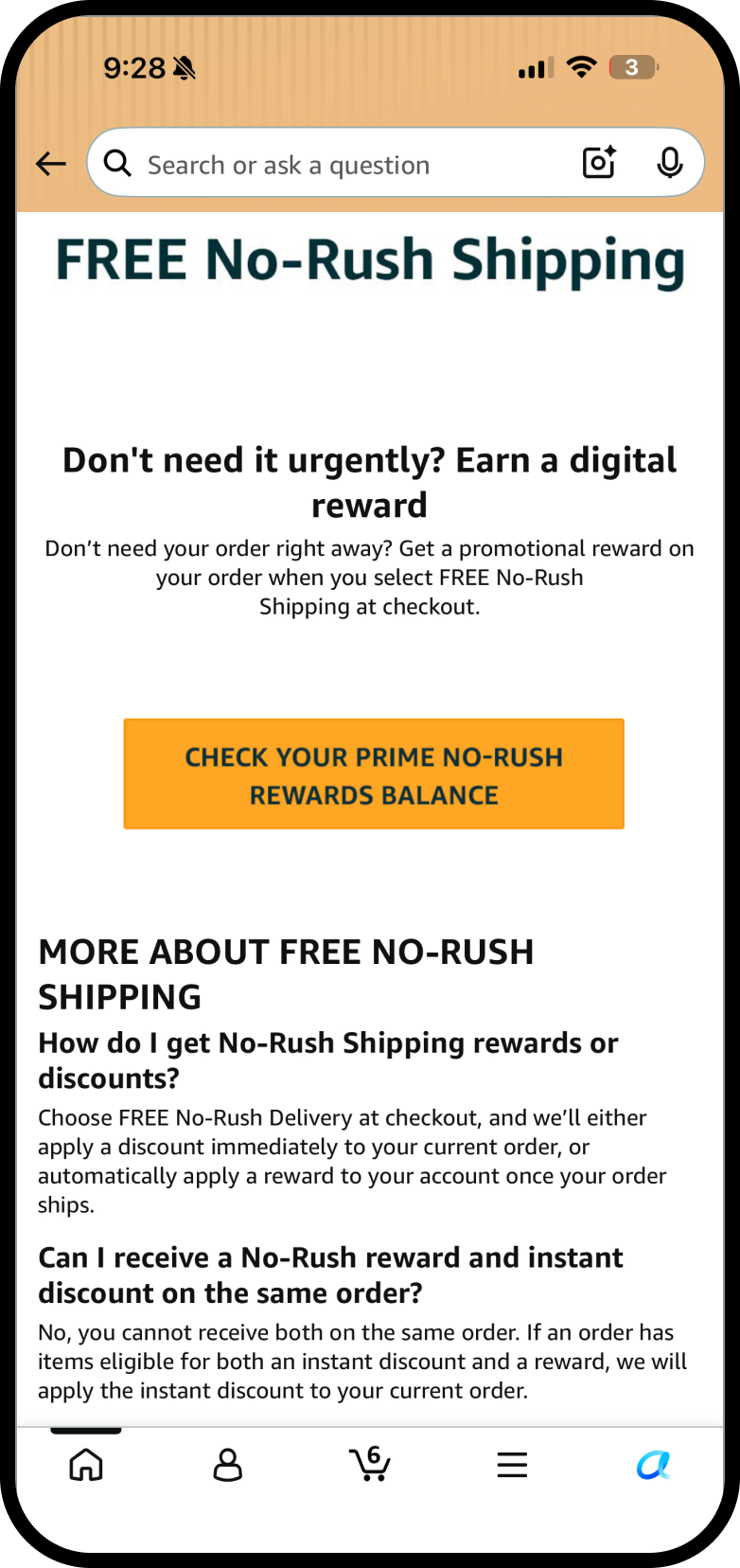 Static No-Rush Shipping help page, disconnected from the checkout moment