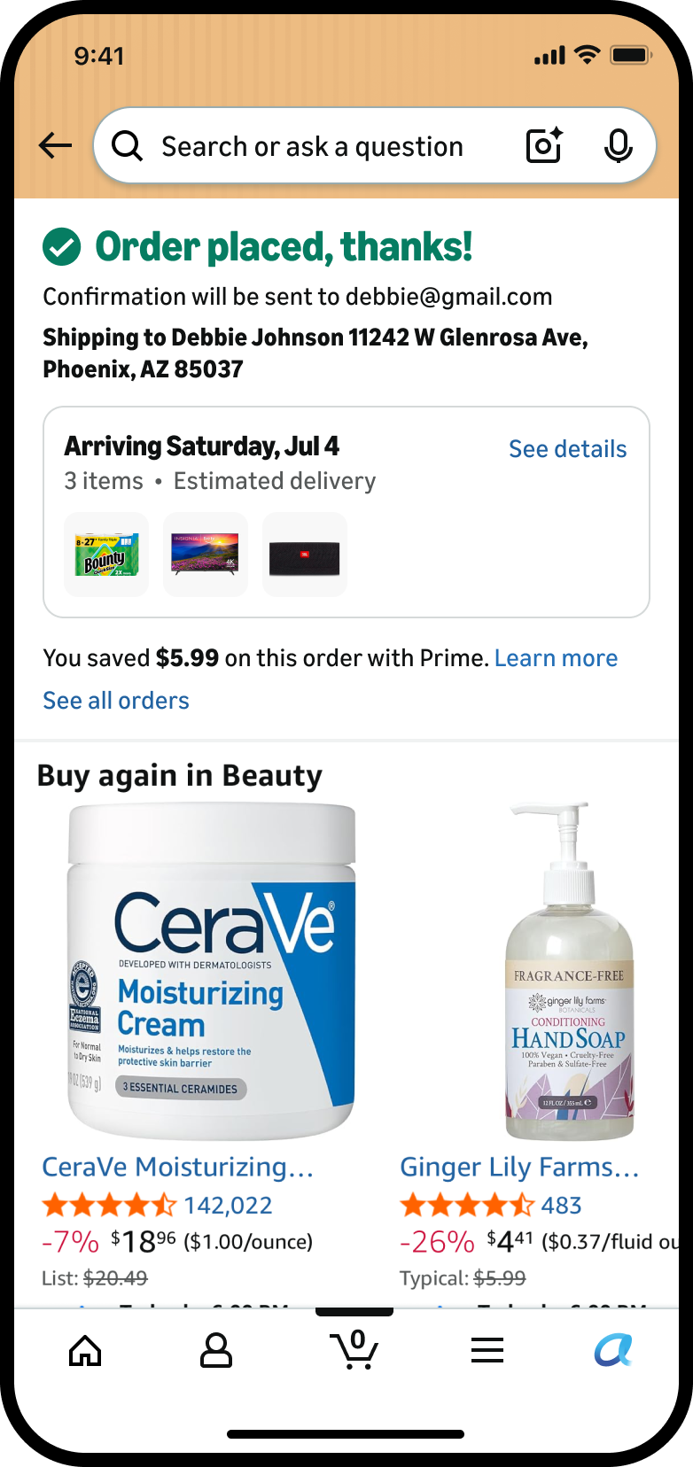 Order confirmation page after choosing No-Rush shipping, with no mention of the reward