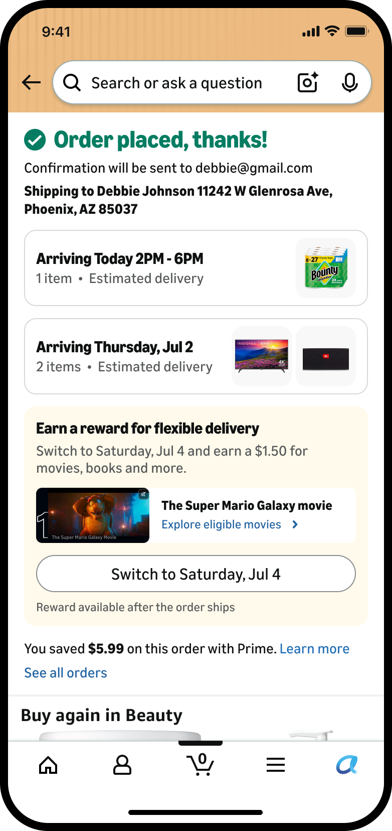 Thank-you page reward for flexible delivery