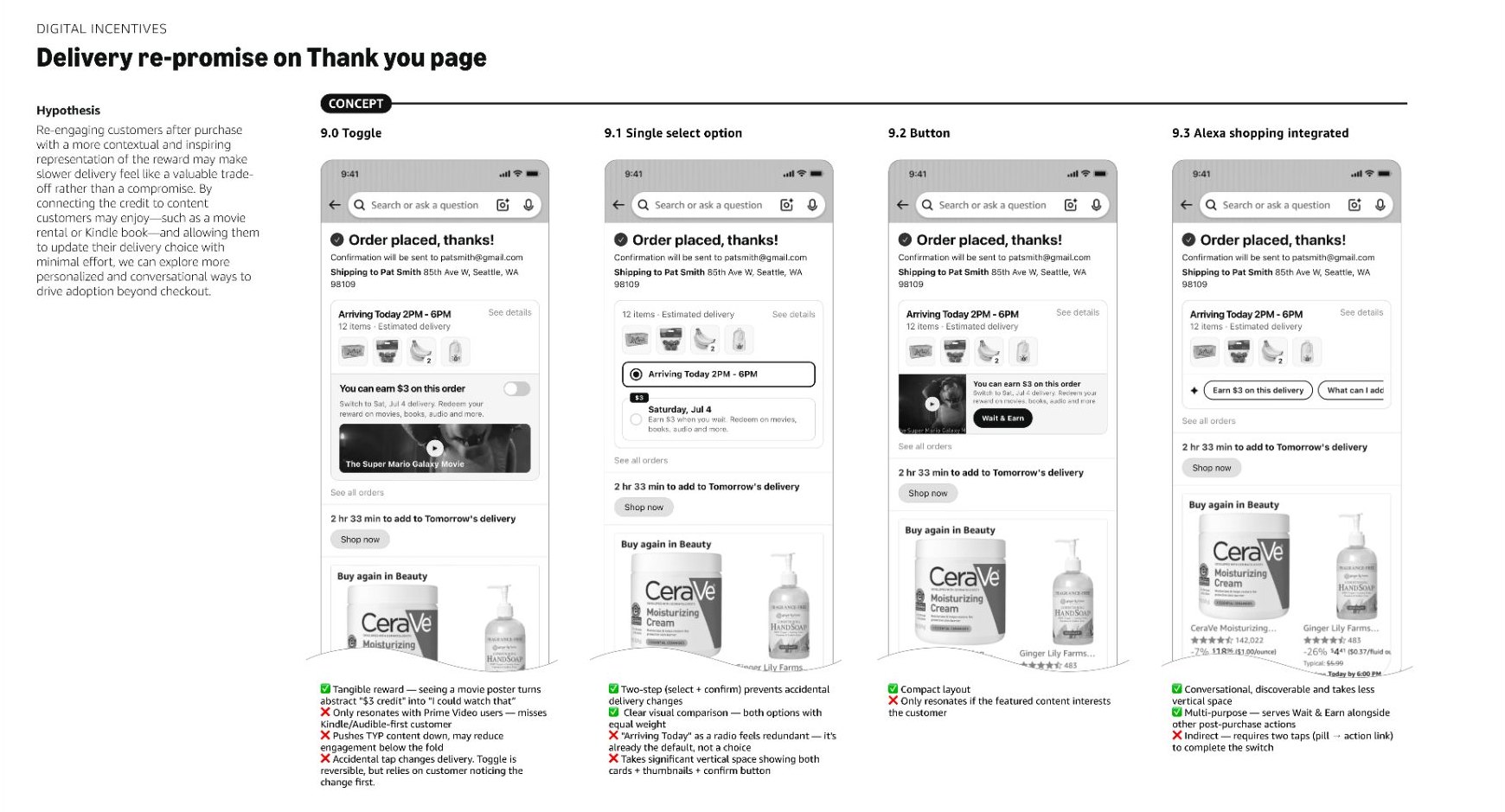 Delivery re-promise board: four Thank-you page concepts — toggle, single select, button, and Alexa shopping integrated — each with its pros and cons listed