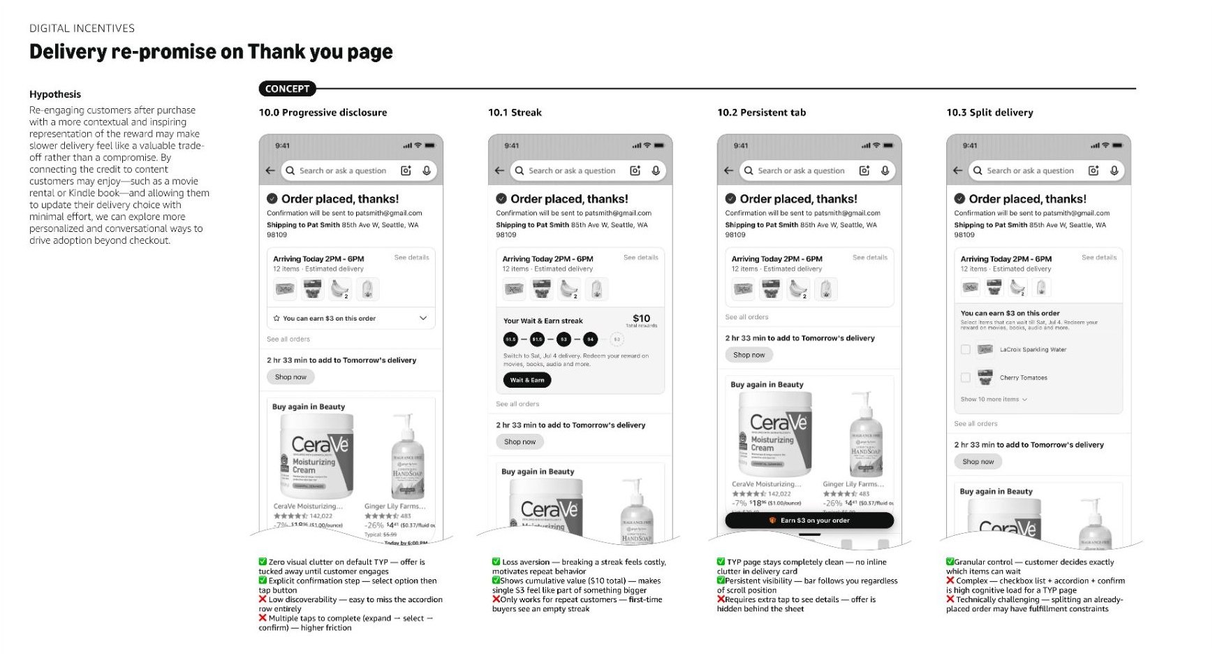 Delivery re-promise board: four more concepts — progressive disclosure, streak, persistent tab, and split delivery — each with its pros and cons listed