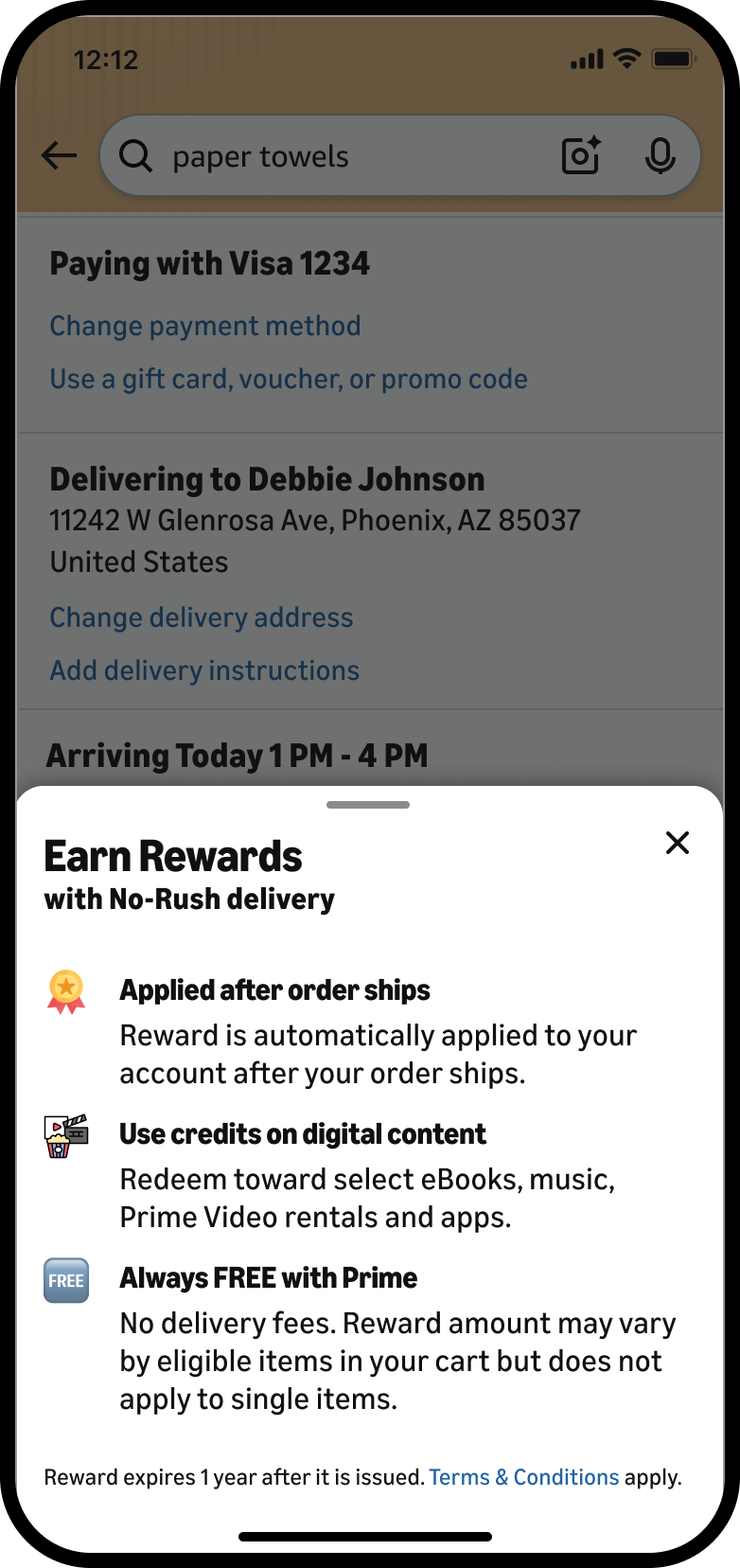 Bottom sheet explaining Earn Rewards with No-Rush delivery