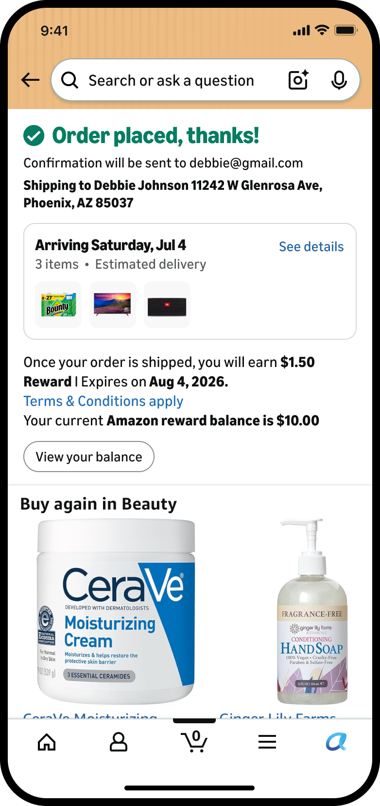 Order confirmation showing the earned reward with celebratory messaging