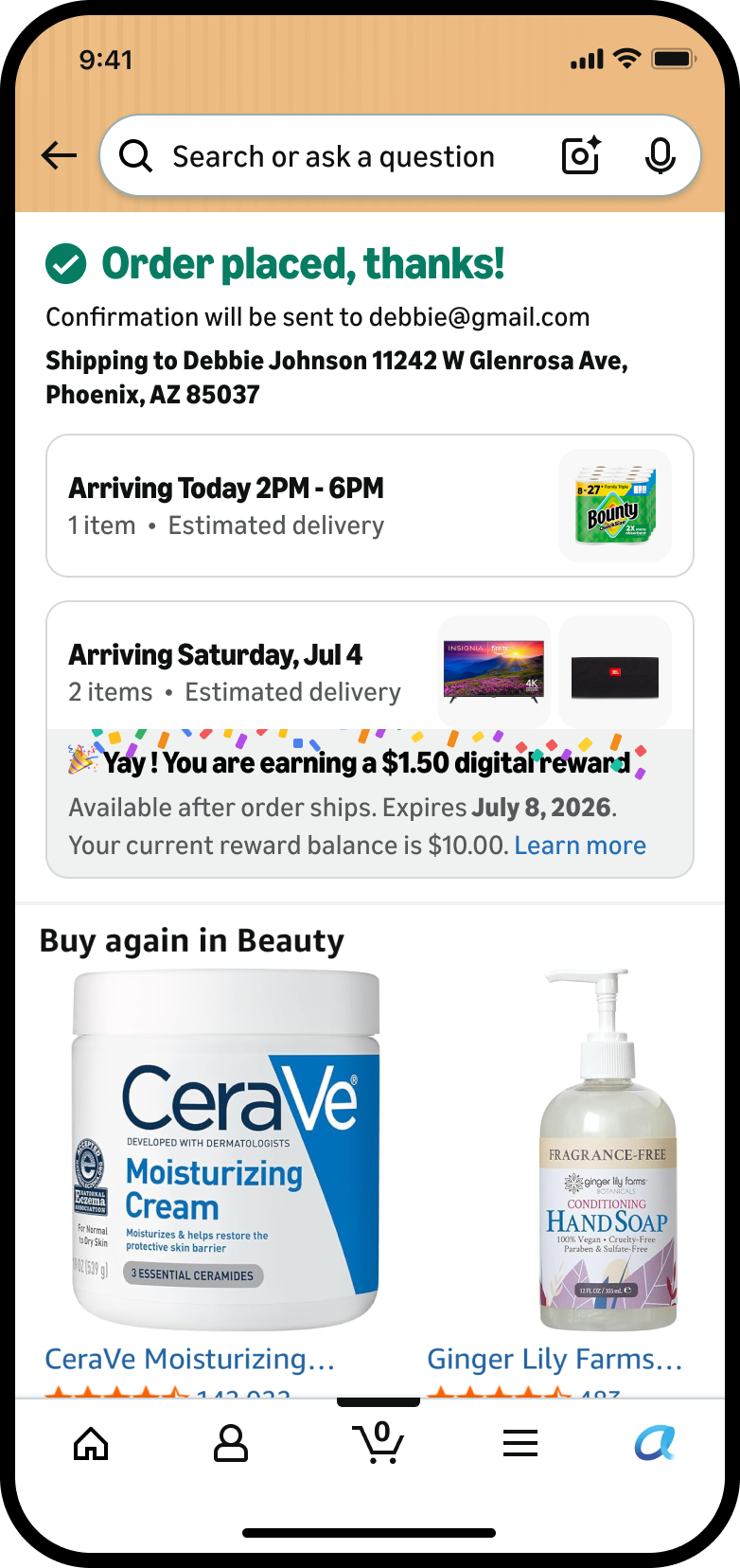 Thank-you page celebrating the earned reward, with confetti bursting across the delivery card
