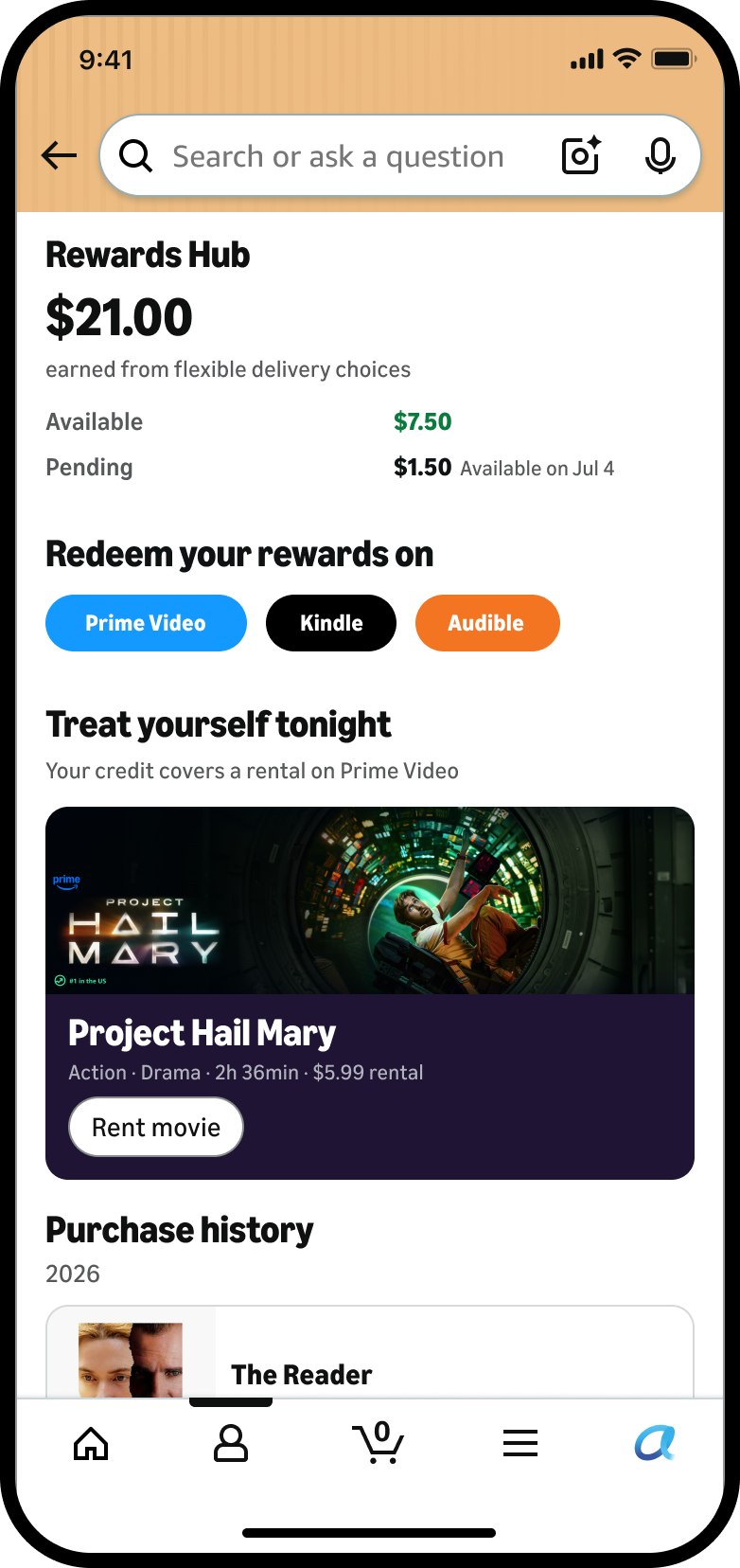 Rewards Hub detail: balance, where to redeem, and a featured Prime Video rental