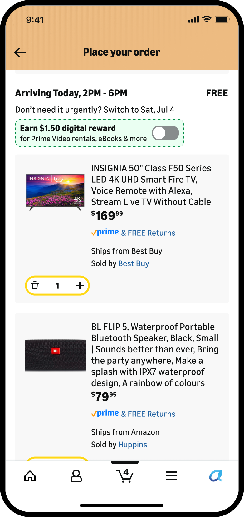 Checkout with the reward embedded within the delivery options, before selection