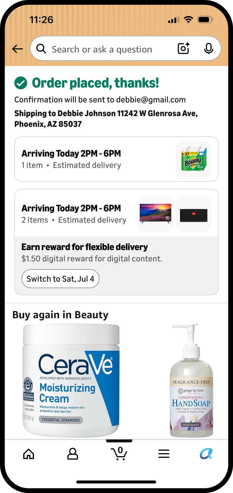 Thank-you page re-engagement: an offer to switch these items to a later date and earn a reward