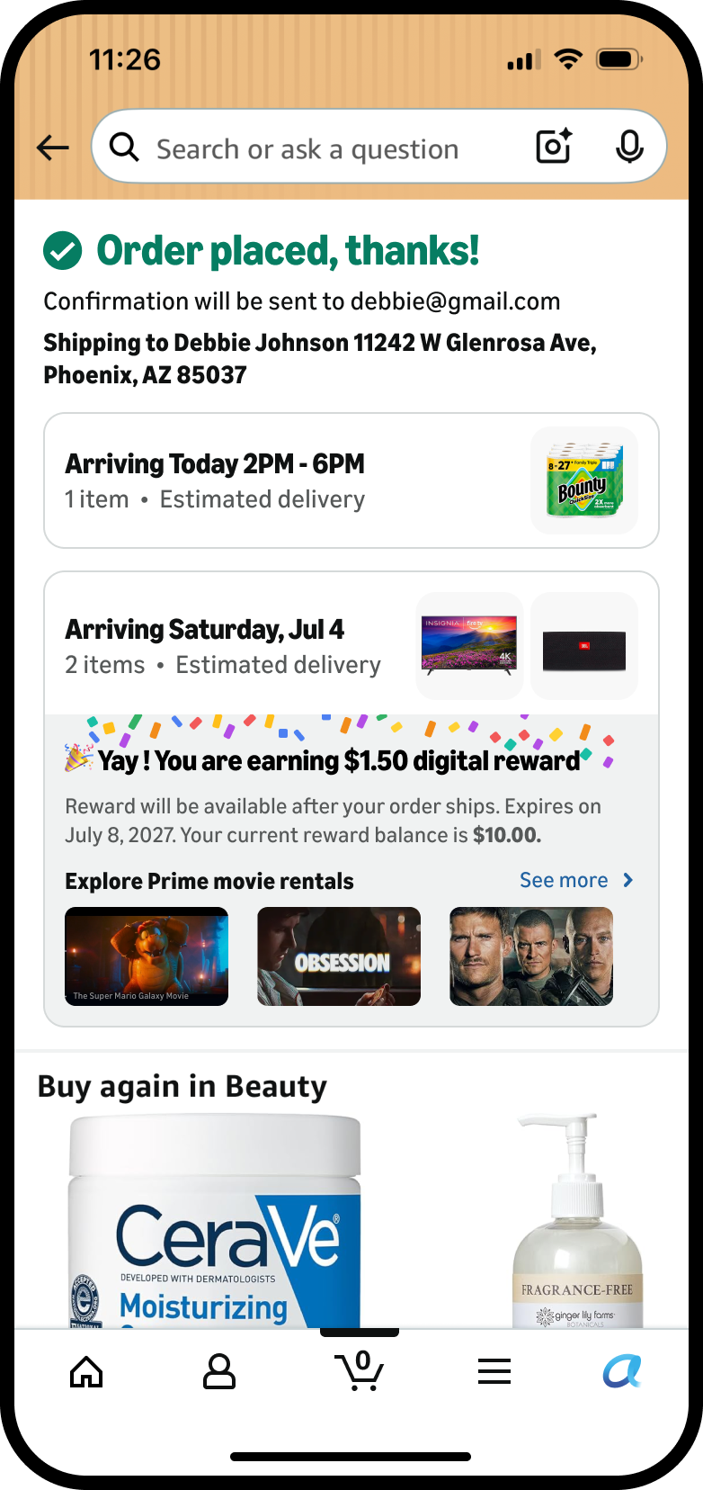 Thank-you page after switching, showing the earned reward and Prime Video rentals to explore